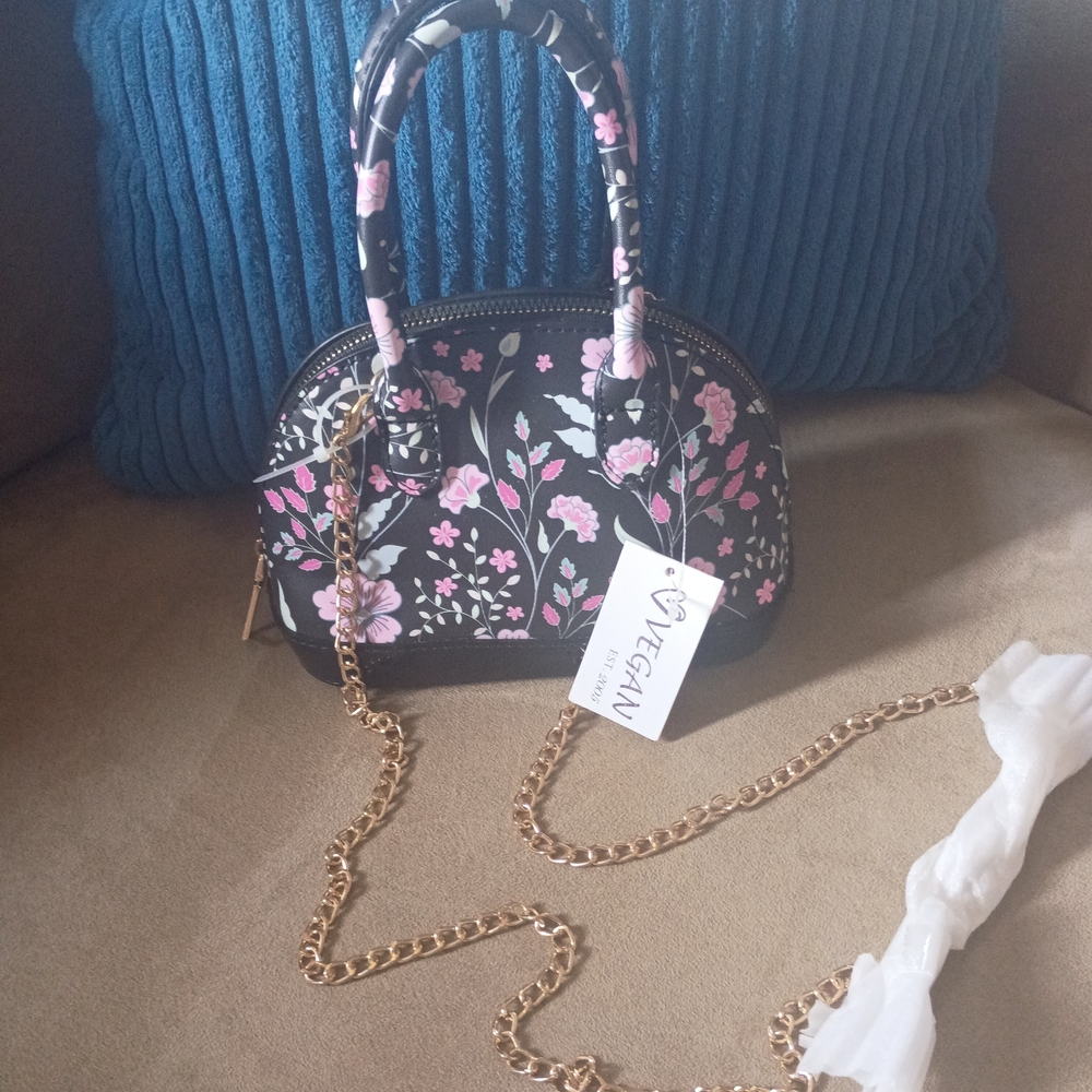 Girls Vegan Floral Dome Mini Satchel Handbag/Crosbody Black with Pink Flowers